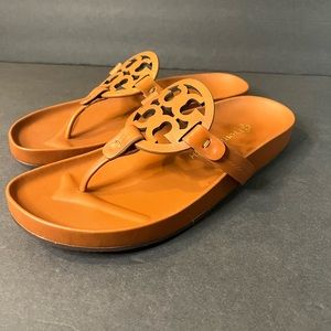 Tory Burch Cognac Leather Logo Toe-Post Sandals